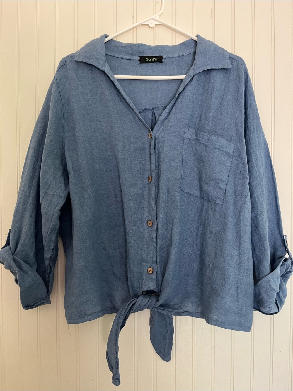 Cherishh Italian Linen Powder Blue Lightweight Button-Up Top size L/XL